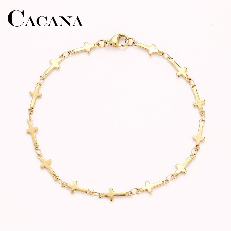 CACANA الفولاذ المقاوم للصدأ سلسلة أساور للرجل المرأة الذهب والفضة اللون لقلادة الصليب Donot تتلاشى مجوهرات N1778