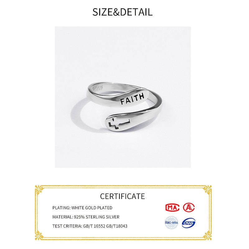 925 anéis de prata esterlina para mulheres cruz fé letras casamento na moda jóias grandes anéis antigos ajustáveis ​​anillos