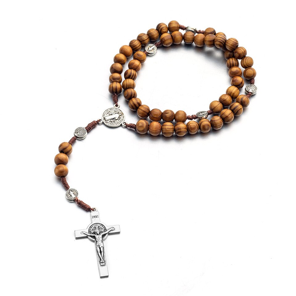 Religion Male Long Wooden Rosary Beads Cross Christ Jesus Pendant Necklace 10MM Wood Pendants Necklace Jewelry For Women Men