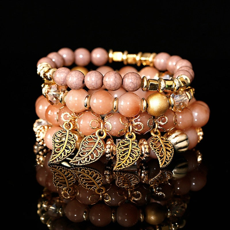 4Pcs/Lot Fashion Hollow Gold Leaf Pendant Bracelets Women Ethnic Vintage Crystal White Stone Beads Wrap Bracelet Boho Jewelry