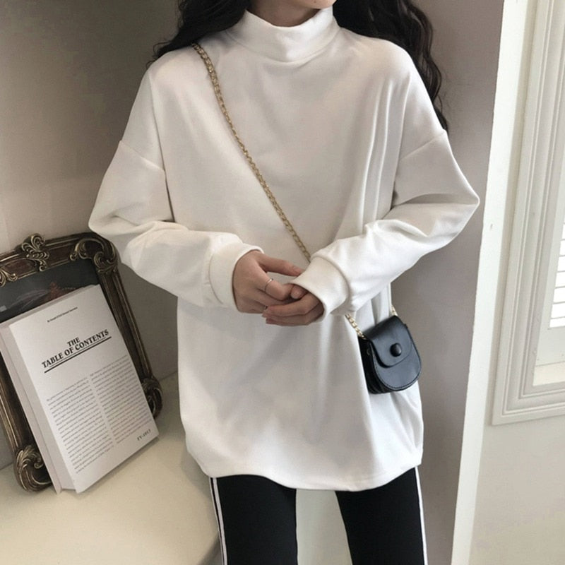 Half High Collar Long T shirts Women Basic Solid Autumn New Korean