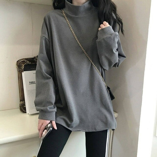 Half High Collar Long T shirts Women Basic Solid Autumn New Korean