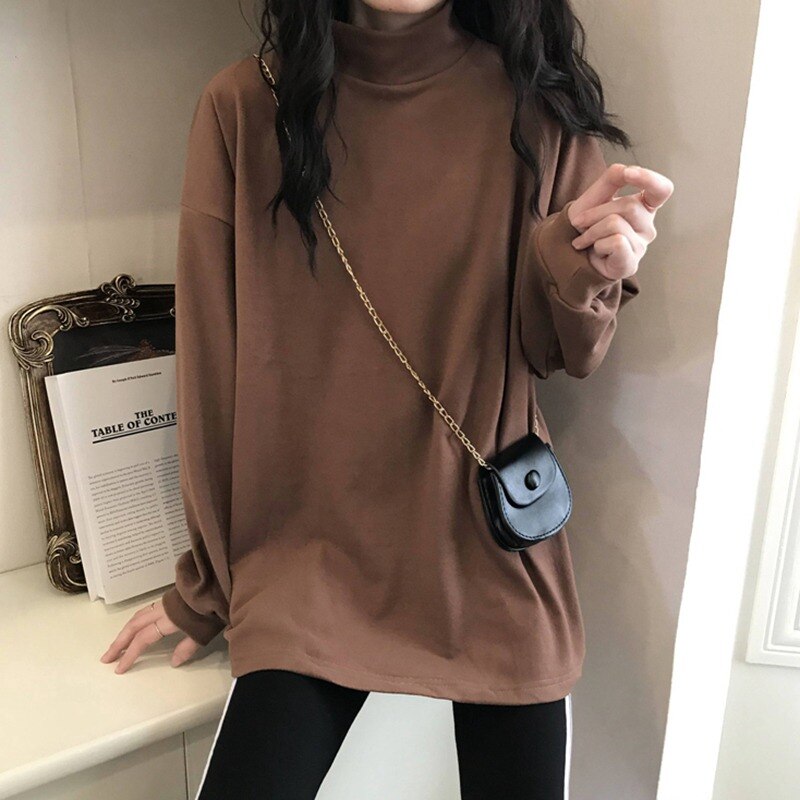 Half High Collar Long T shirts Women Basic Solid Autumn New Korean