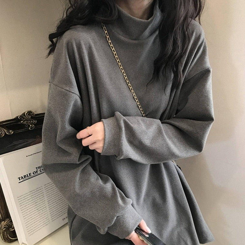 Half High Collar Long T shirts Women Basic Solid Autumn New Korean