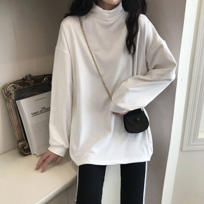 Half High Collar Long T shirts Women Basic Solid Autumn New Korean