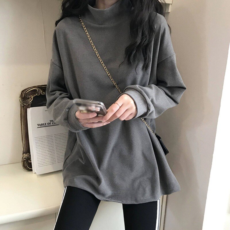 Half High Collar Long T shirts Women Basic Solid Autumn New Korean