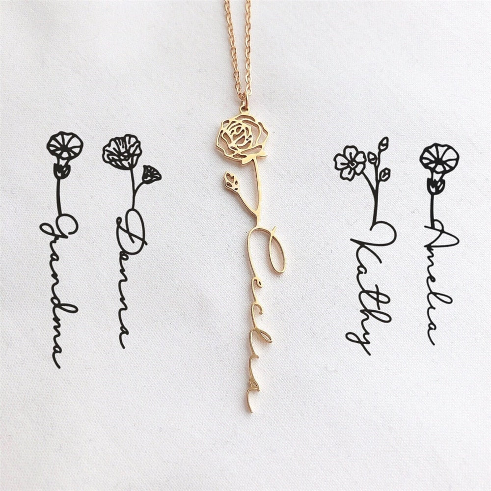 Vishowco colar com nome personalizado, gargantilha dourada de aço inoxidável, mês de nascimento personalizado, nome da flor, presente de aniversário para amantes