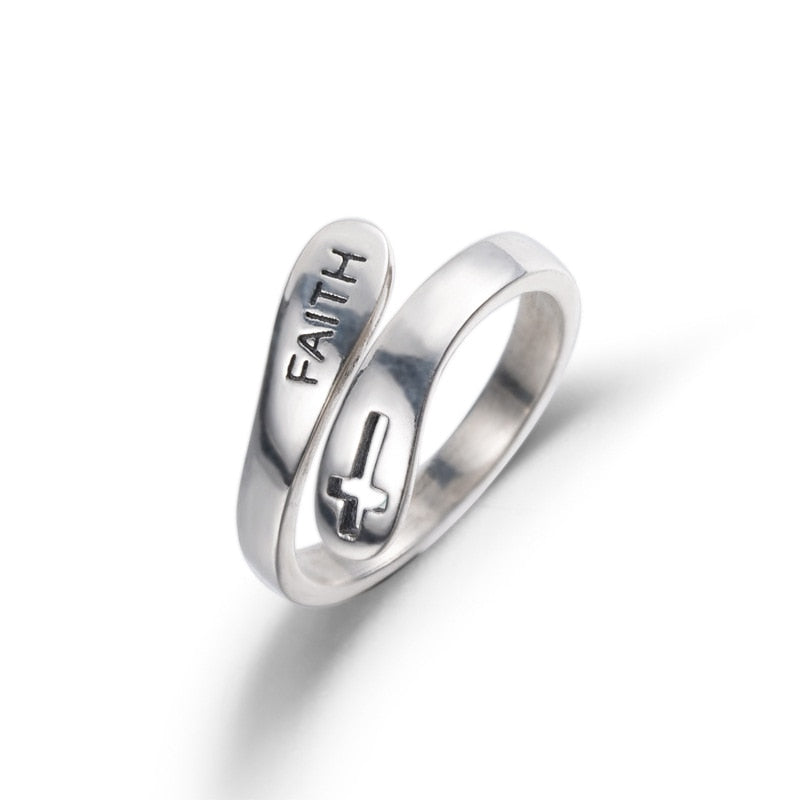 925 Sterling Silver Rings for Women Cross Faith Letters Wedding Trendy Jewelry Large Adjustable Antique Rings Anillos