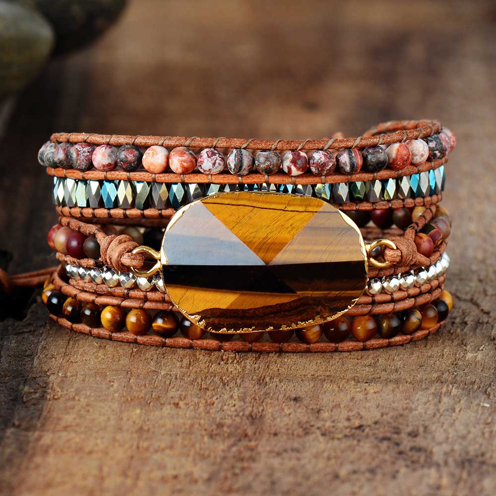 Exclusive Women Beads Wrap Bracelet Tiger Eye Charm 5 Times Leather Strap Bracelets Multilayers Beadwork Bracelet Dropship