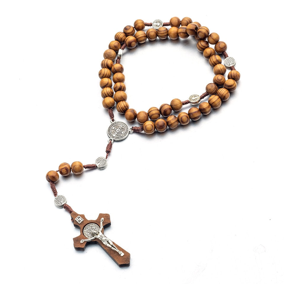 Religião masculino longo rosário de madeira contas cruz cristo jesus pingente colar 10mm pingentes de madeira colar jóias para mulheres