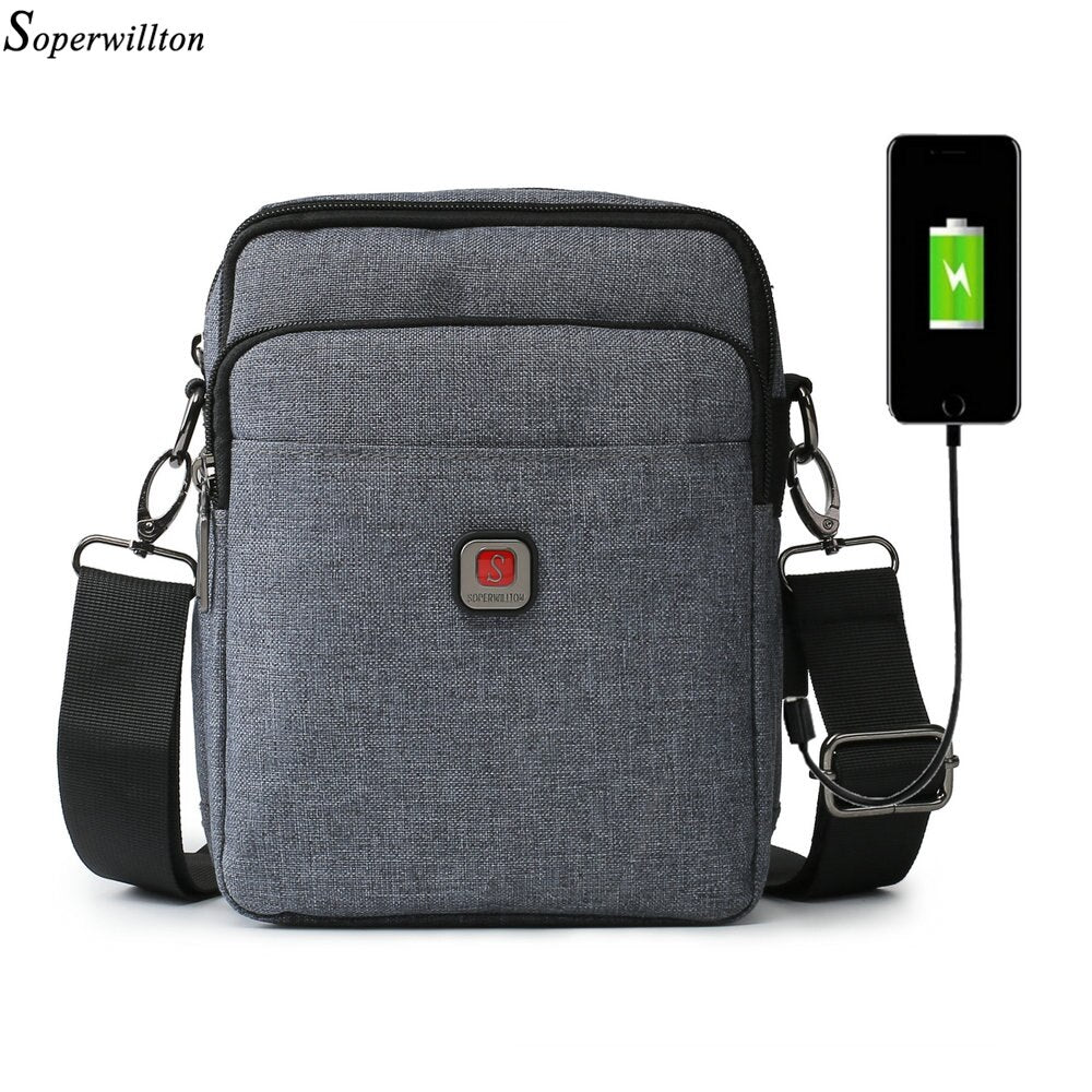 Soperwillton bolsa de ombro masculina, bolsa crossbody com porta usb para ipad de 7.9 '', resistente à água, bolsa de viagem oxford com zíper, cinto masculino #1042
