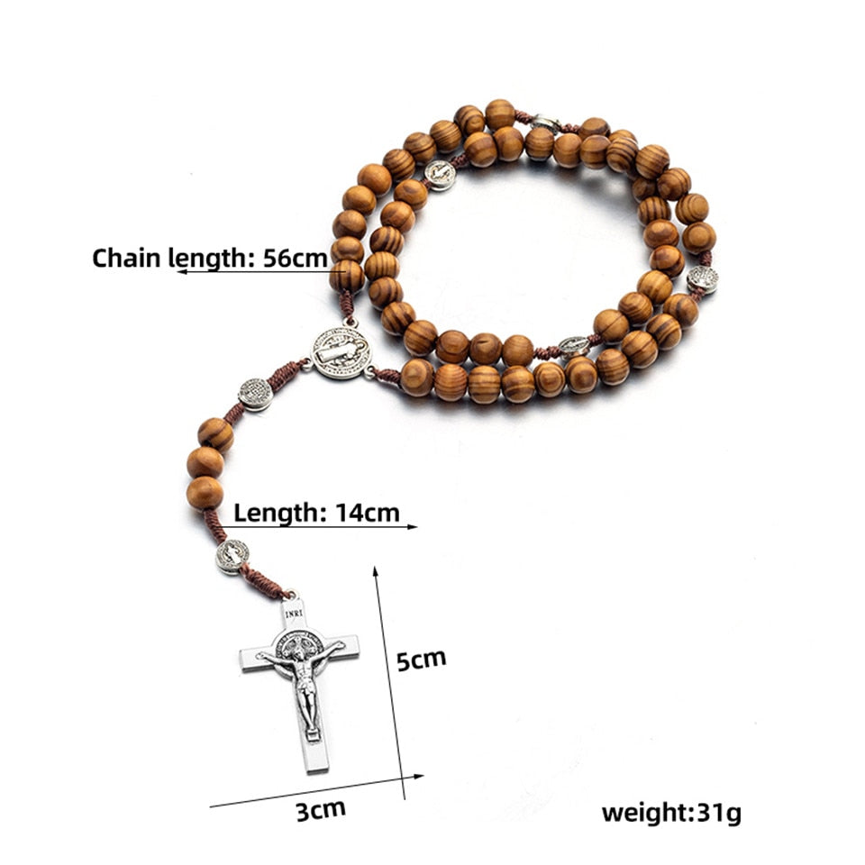 Religião masculino longo rosário de madeira contas cruz cristo jesus pingente colar 10mm pingentes de madeira colar jóias para mulheres
