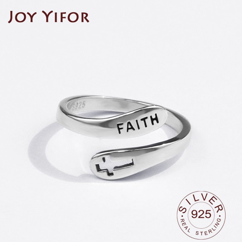 925 Sterling Silver Rings for Women Cross Faith Letters Wedding Trendy Jewelry Large Adjustable Antique Rings Anillos