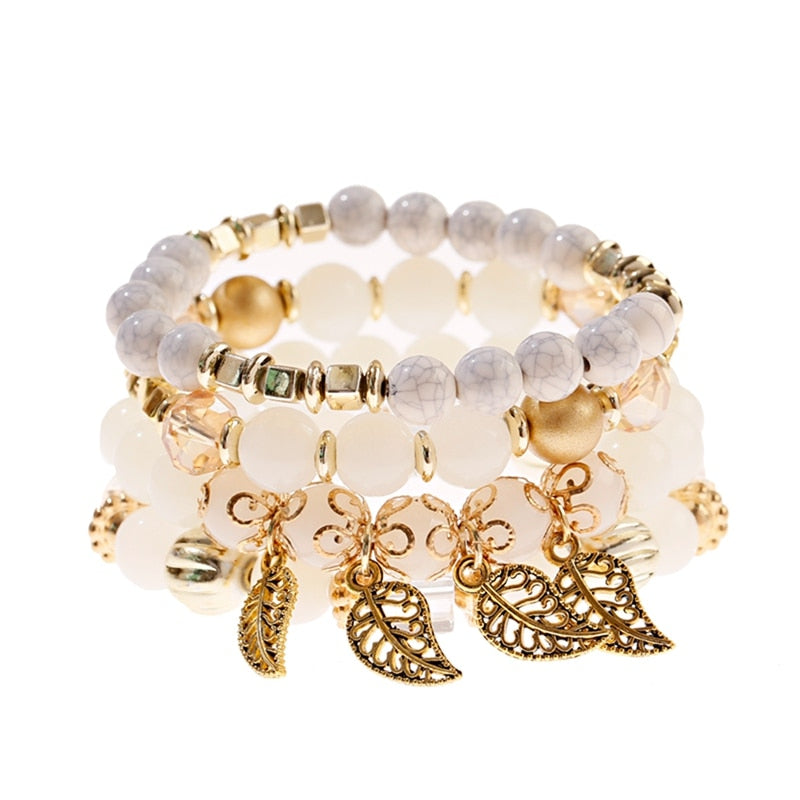 4Pcs/Lot Fashion Hollow Gold Leaf Pendant Bracelets Women Ethnic Vintage Crystal White Stone Beads Wrap Bracelet Boho Jewelry