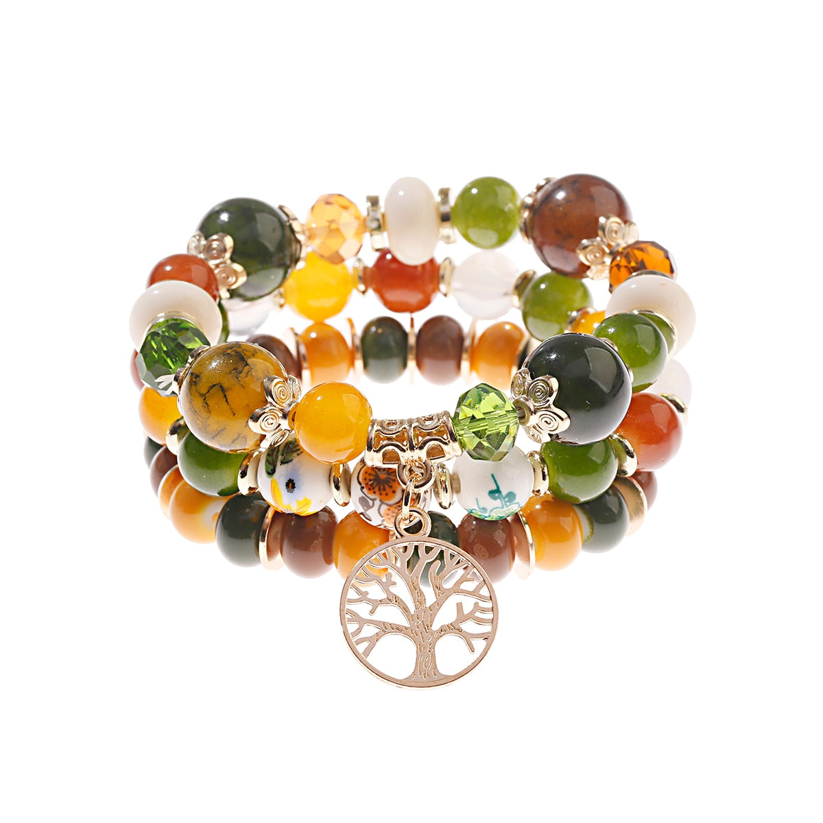 4 قطعة/الوحدة الأزياء الجوف الذهب ليف قلادة أساور النساء العرقية خمر كريستال الأبيض ستون الخرز التفاف سوار بوهو مجوهرات