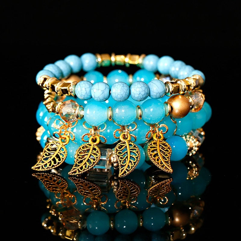 4Pcs/Lot Fashion Hollow Gold Leaf Pendant Bracelets Women Ethnic Vintage Crystal White Stone Beads Wrap Bracelet Boho Jewelry