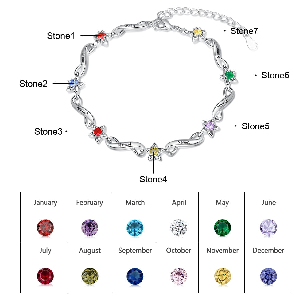 JewelOra Personalized Name Engraving Infinity Bracelet Customized 2-7 Inlaid Birthstone Flower Bracelets for Women Mothers Gifts