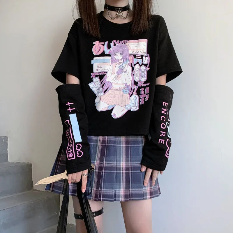 ملابس الشارع اليابانية E Girl Anime Tshirt مع رسم غطاء للذراع