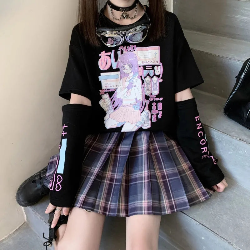 Japanese Streetwear E Girl Anime Tshirt Clothes With Arm Cover Graphic