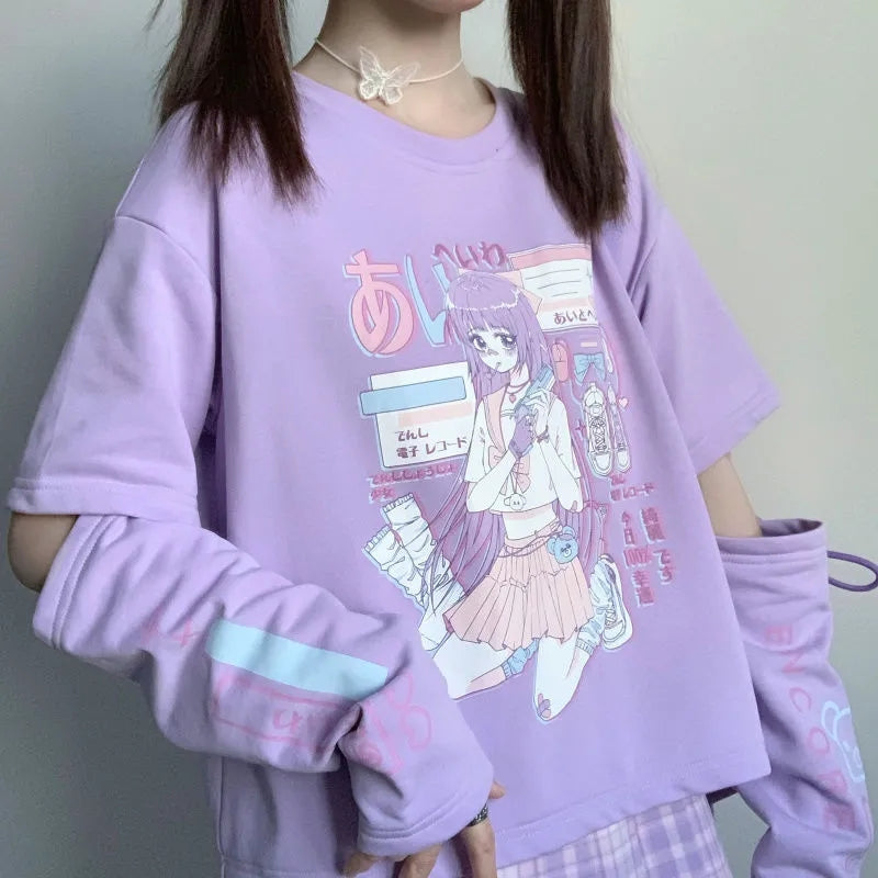 Japanese Streetwear E Girl Anime Tshirt Clothes With Arm Cover Graphic