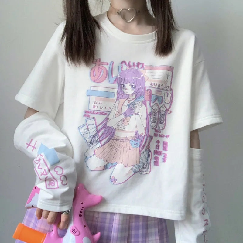 Japanese Streetwear E Girl Anime Tshirt Clothes With Arm Cover Graphic