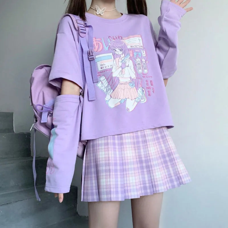 ملابس الشارع اليابانية E Girl Anime Tshirt مع رسم غطاء للذراع