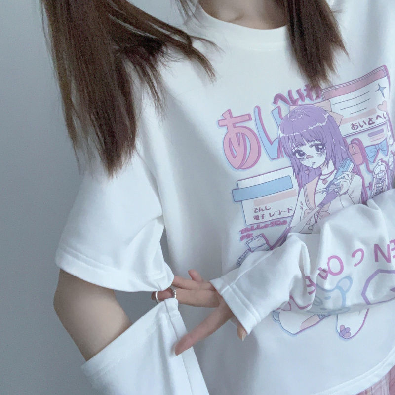 Japanese Streetwear E Girl Anime Tshirt Clothes With Arm Cover Graphic
