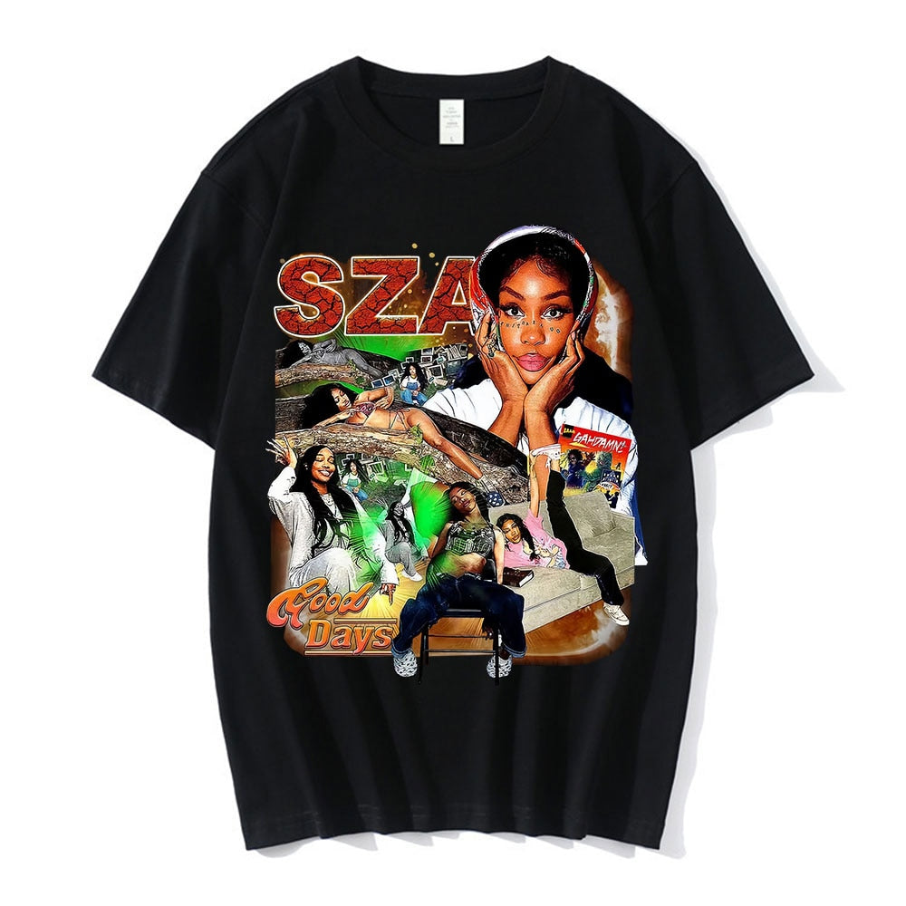 Men Women Clothing Black T-shirts Sza Good Days Graphics T-shirt Hip