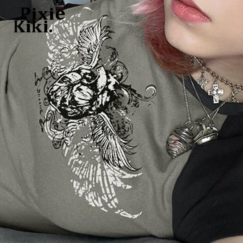 Camiseta PixieKiki Y2k Fairy Grunge Wings estampa mangas raglan anos 90