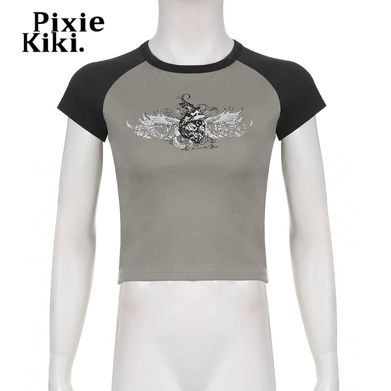 Camiseta PixieKiki Y2k Fairy Grunge Wings estampa mangas raglan anos 90