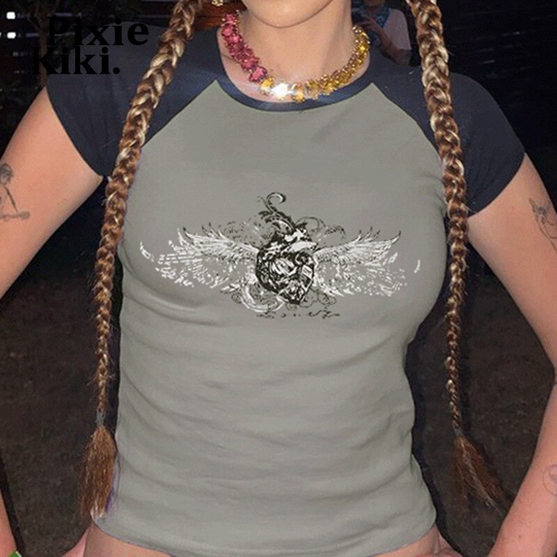 Camiseta PixieKiki Y2k Fairy Grunge Wings estampa mangas raglan anos 90