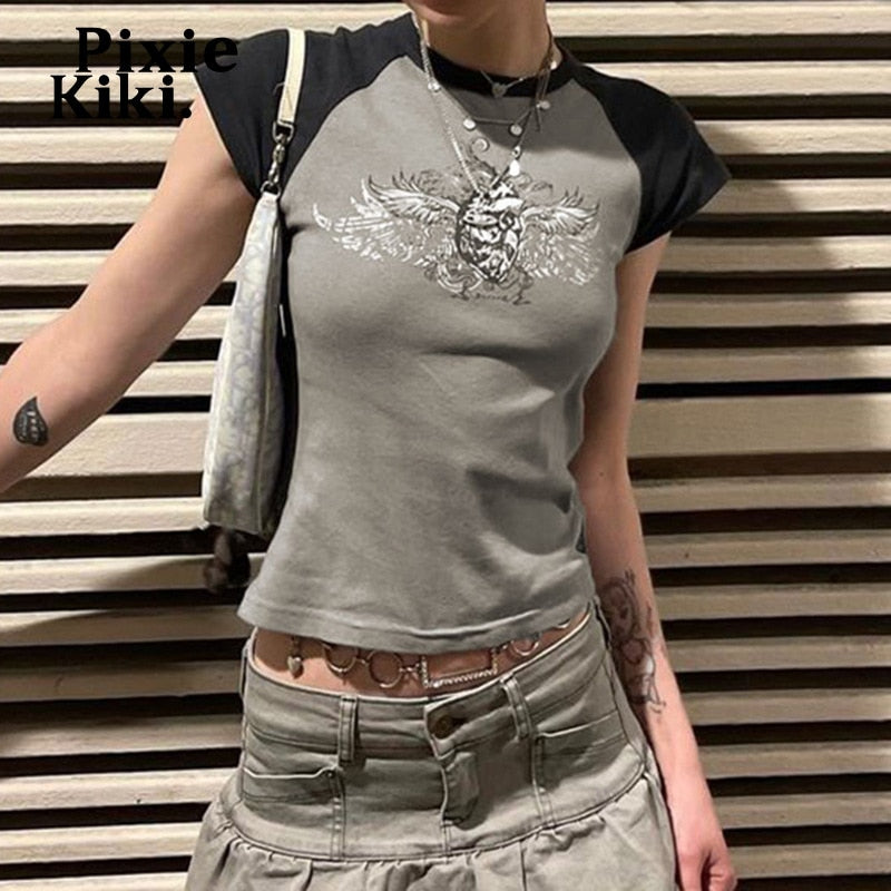 Camiseta PixieKiki Y2k Fairy Grunge Wings estampa mangas raglan anos 90
