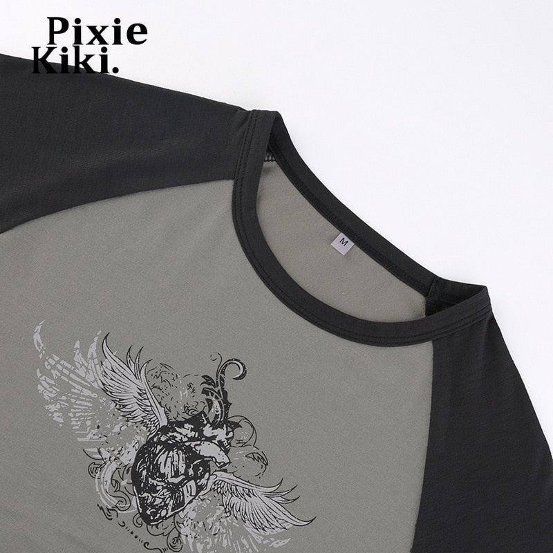 Camiseta PixieKiki Y2k Fairy Grunge Wings estampa mangas raglan anos 90