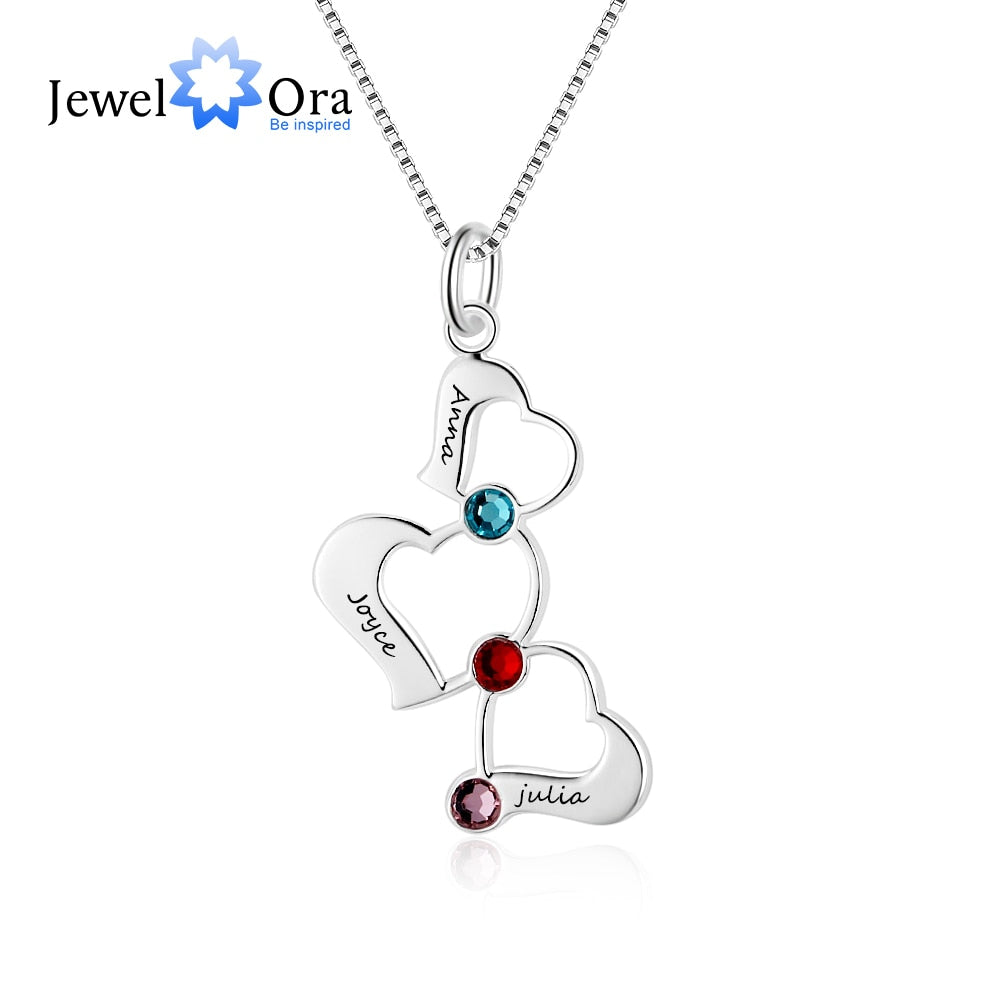 3 Heart Hollow Design Personalized Engrave Name Necklace Birthstone  Silver Color Necklaces &amp; Pendants (JewelOra NE102367)