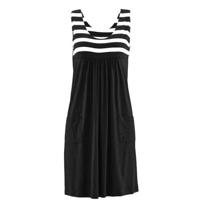 Fashion striped dress pocket vest skirt simple sleeveless dress women's clothing