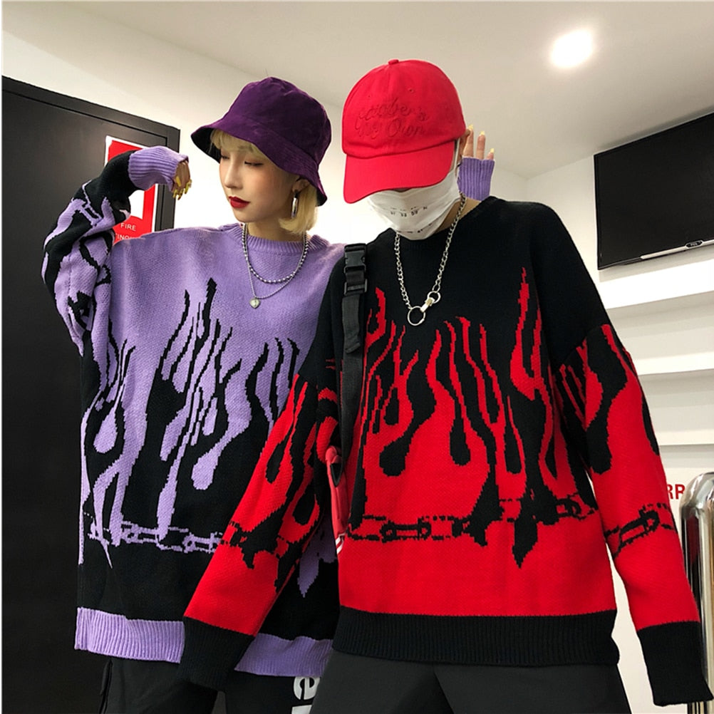 Couple Sweater Harajuku Hip Hop Flame Fire Sweaters Knit 2019Autumn Winter Man Women Outfits Loose Pullover Fashion Tops Unisex