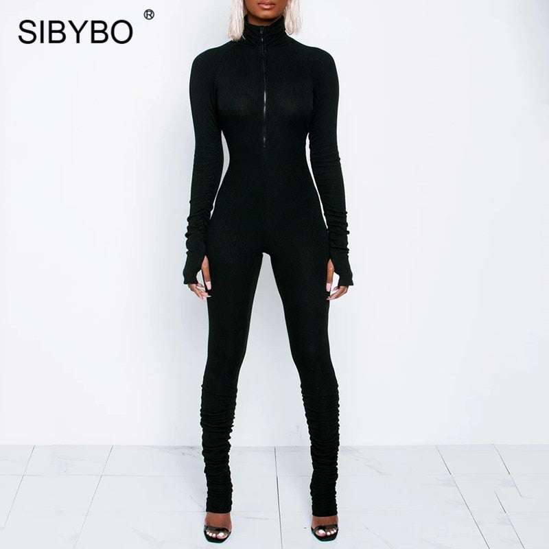 Sibybo primavera gola alta magro casual macacão feminino manga longa zíper frontal esporte wear macacão preto para mulher