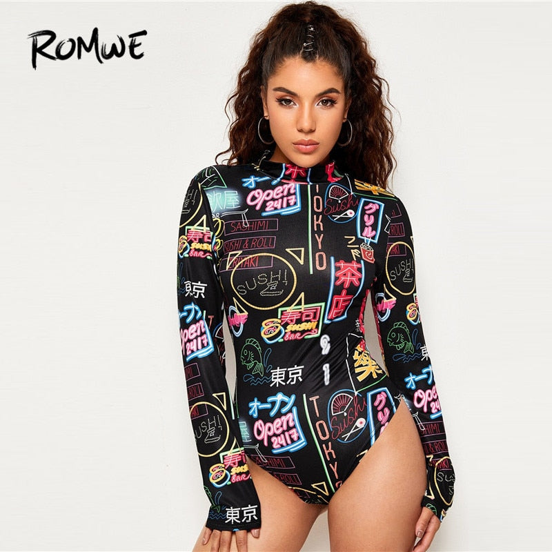 Romwe mock neck carta impressão bodysuit para mulheres manga longa bodysuit primavera streetwear bodycon preto macacão terno do corpo
