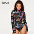 Romwe mock neck carta impressão bodysuit para mulheres manga longa bodysuit primavera streetwear bodycon preto macacão terno do corpo