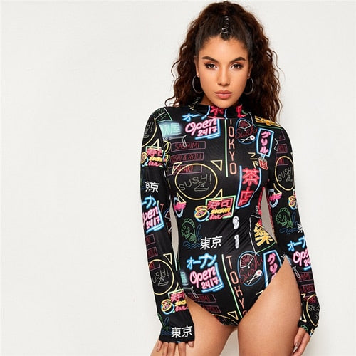 Romwe mock neck carta impressão bodysuit para mulheres manga longa bodysuit primavera streetwear bodycon preto macacão terno do corpo