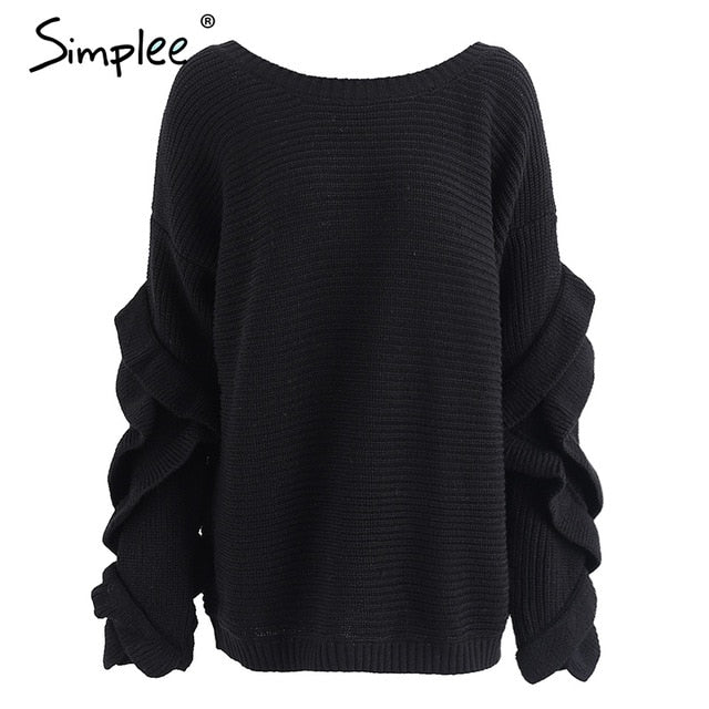 Simplee Ruffle knitted sweater women pullover female Casual loose round neck winter sweater Autumn pull femme knit jumper