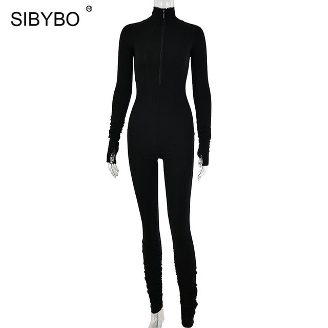 Sibybo primavera gola alta magro casual macacão feminino manga longa zíper frontal esporte wear macacão preto para mulher