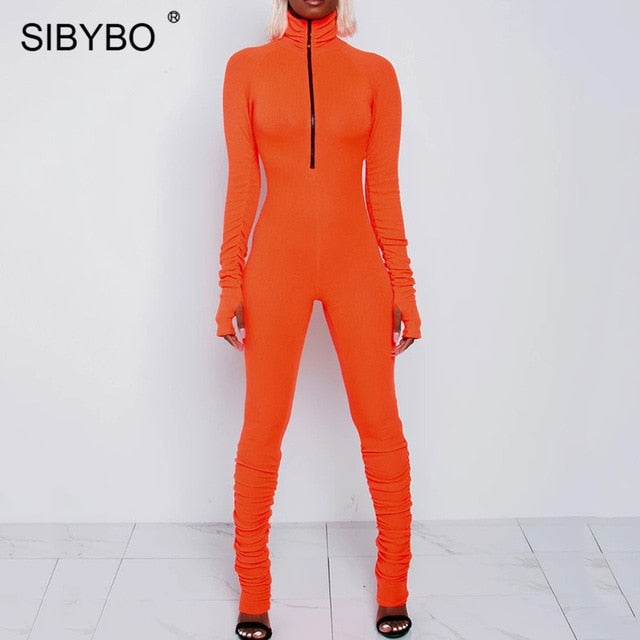 Sibybo primavera gola alta magro casual macacão feminino manga longa zíper frontal esporte wear macacão preto para mulher