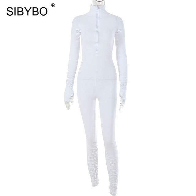Sibybo primavera gola alta magro casual macacão feminino manga longa zíper frontal esporte wear macacão preto para mulher
