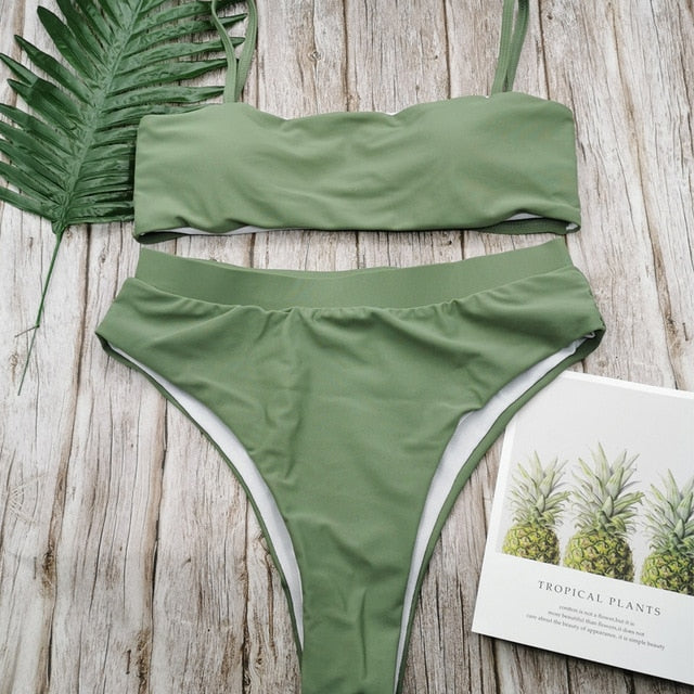 Sexy conjunto de biquíni de cintura alta maiô popular terno de natação biquini duas peças sólida alta qualidade roupa de banho feminina moda beachwear