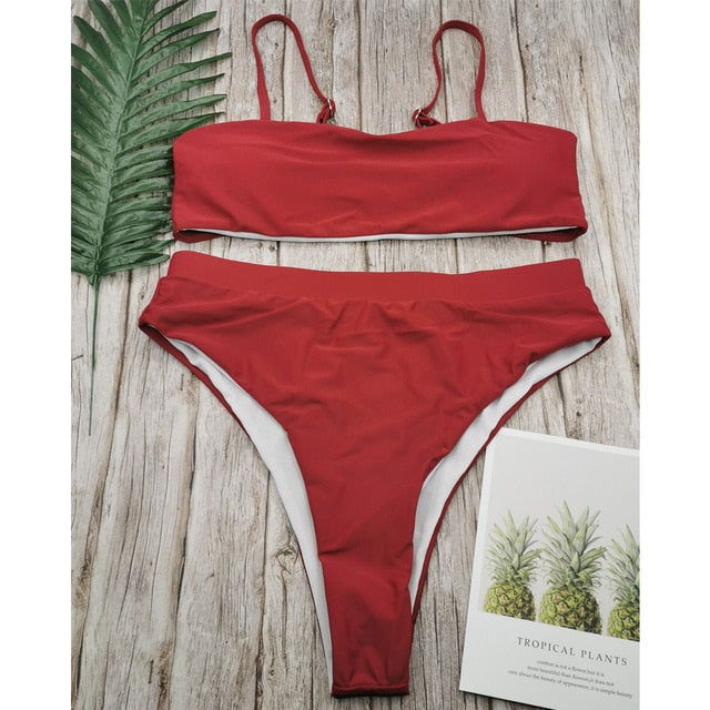 Sexy High Waist Bikini Set Swimsuit Popular Swimming Suit Biquini Two Pieces Solid High Quality Swimwear Women Fashion Beachwear