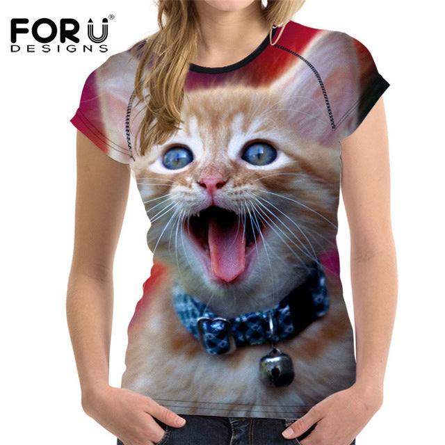 FORUDESIGNS Black 3D Cat Animal Women Casual T Shirt Brand Clothing Women Short Sleeved Breathable Tshirt Female Fitness Tops