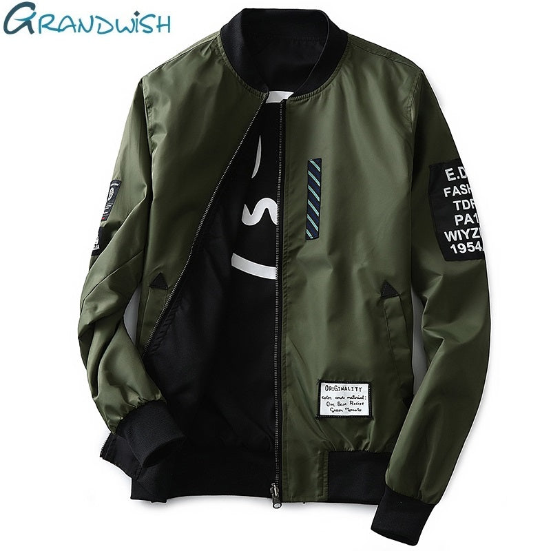 Grandwish Bomber Jacket Men Pilot with Patches Green Both Side Wear Thin Pilot Bomber Jacket Men Wind Breaker Jacket Men,DA113