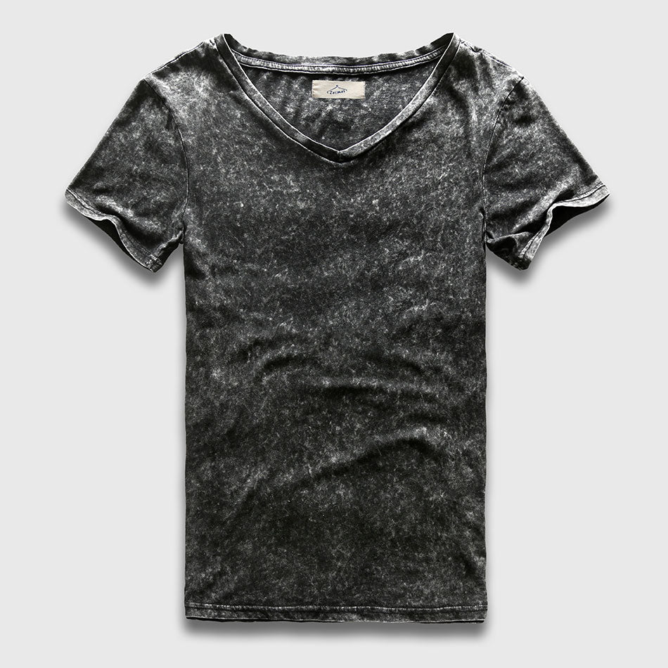 Zecmos Vintage Black T-Shirt Men China Size Fashion Heavy Washed T Shirts For Men Slim Fit V Neck Top Tees Male Short Sleeve