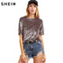 SHEIN Camiseta Feminina Verão 2017 Mulheres Tops Café Manga Curta Esmagado Veludo Camiseta Casual Feminina Camisetas